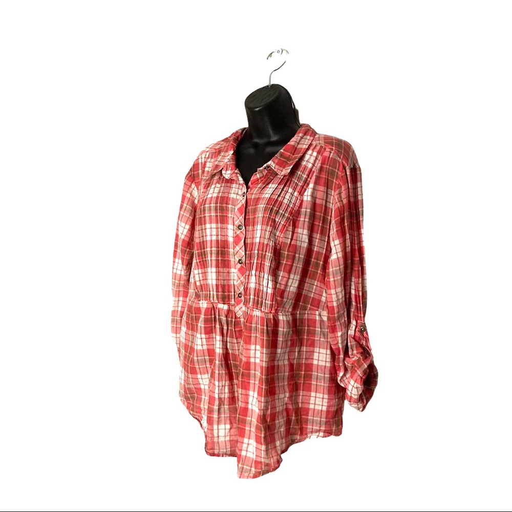 Torrid Red Plaid Peplum 3/4 Rolled Sleeves Blouse Top
